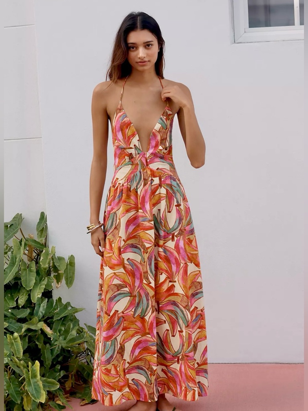 FARM Rio x Anthropologie Plunge-Neck Tropical Print Maxi Dress Size Medium NWT - Picture 11 of 13